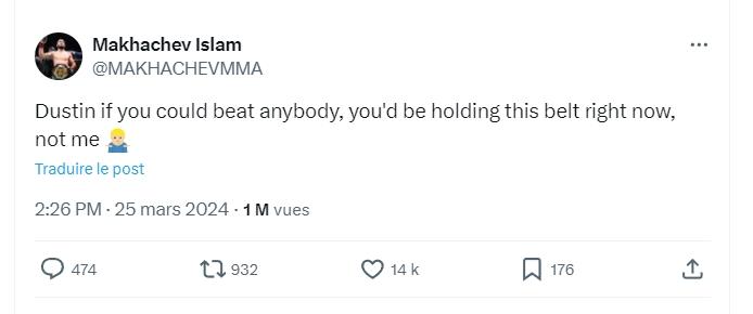 Le champion poids léger de l'UFC, Islam Makhachev, a répondu avec sarcasme à Dustin Poirier