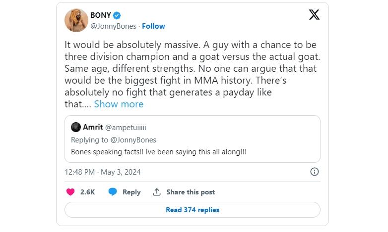 Jon Jones : un combat avec Alex Pereira serait “le plus grand combat de l'histoire du MMA”
