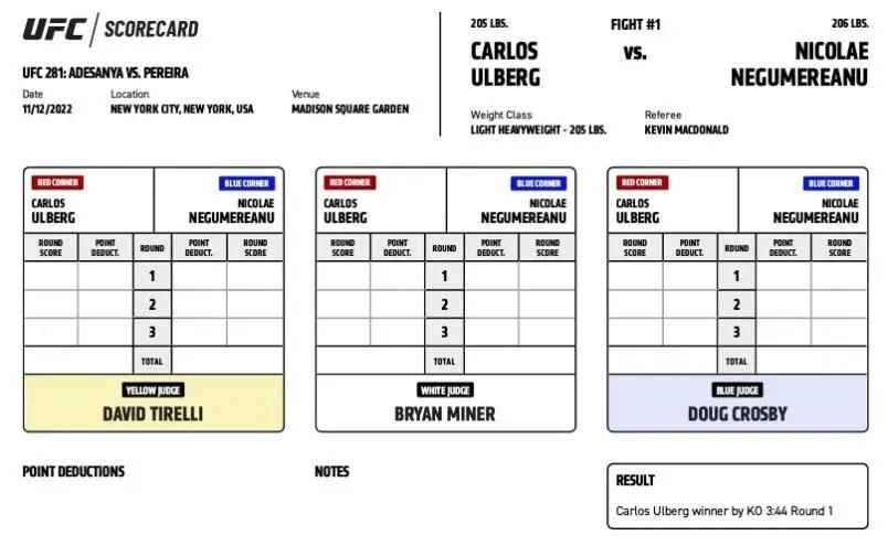 UFC 281 - Official Scorecards