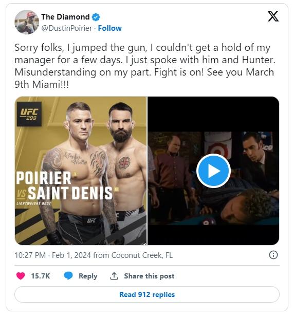 Dustin Poirier déclare que le combat à l'UFC 299 contre Benoit Saint-Denis est de retour et s'excuse pour le malentendu