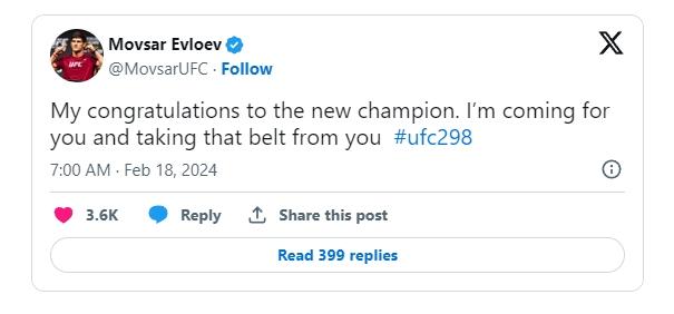 Ilia Topuria répond au callout de Movsar Evloev : “Il doit finir quelqu'un” | UFC 298