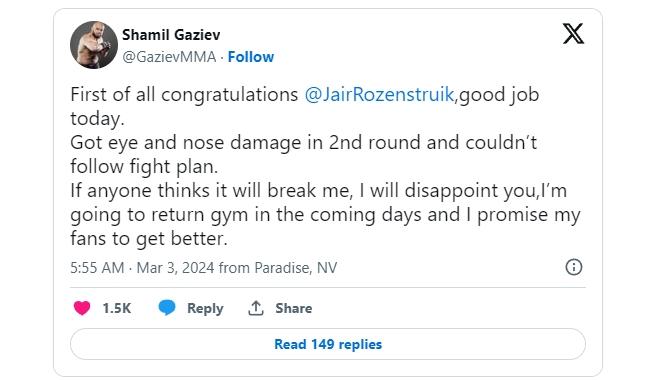 Shamil Gaziev après sa défaite contre Jairzinho Rozenstruik : “Je promets à mes fans de m'améliorer” | UFC on ESPN+ 96