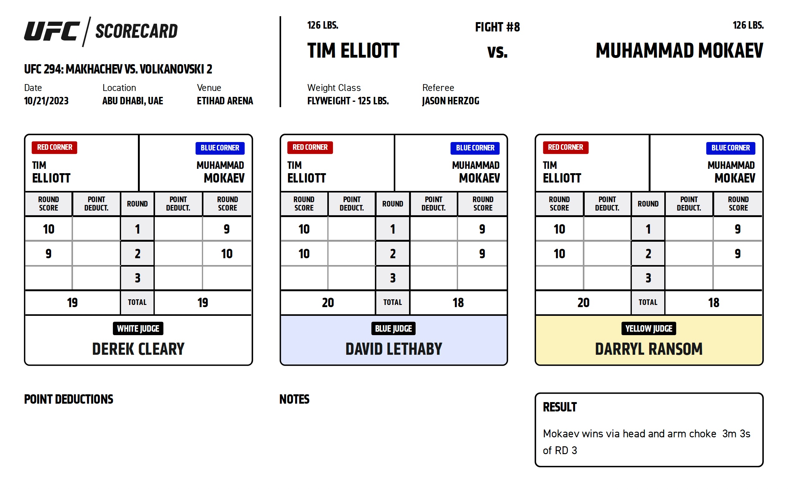 Scorecard : Combat Categorie - Poids Mouches : Muhammad Mokaev vs. Tim Elliott - UFC 294 - MAKHACHEV VS. VOLKANOVSKI 2