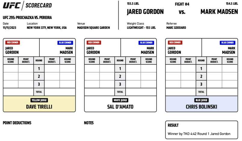 Scorecard : UFC 295 - Jared Gordon vs Mark Madsen