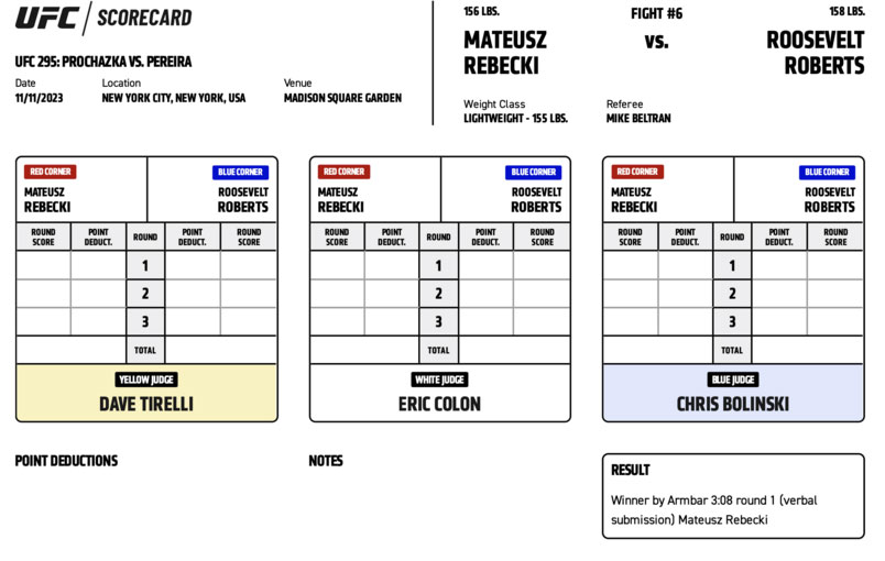 Scorecard : UFC 295 - Mateusz Rebecki vs Roosevelt Roberts